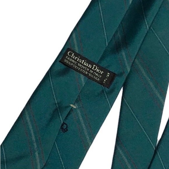 CHRISTIAN DIOR Teal Striped Silk Blend Tie- VINTAGE - Picture 6 of 7